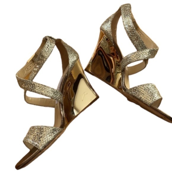 Jimmy Choo Gold/Silver Lurex Sz 39 Fabric Fearne Sandals Heels - Picture 2 of 7